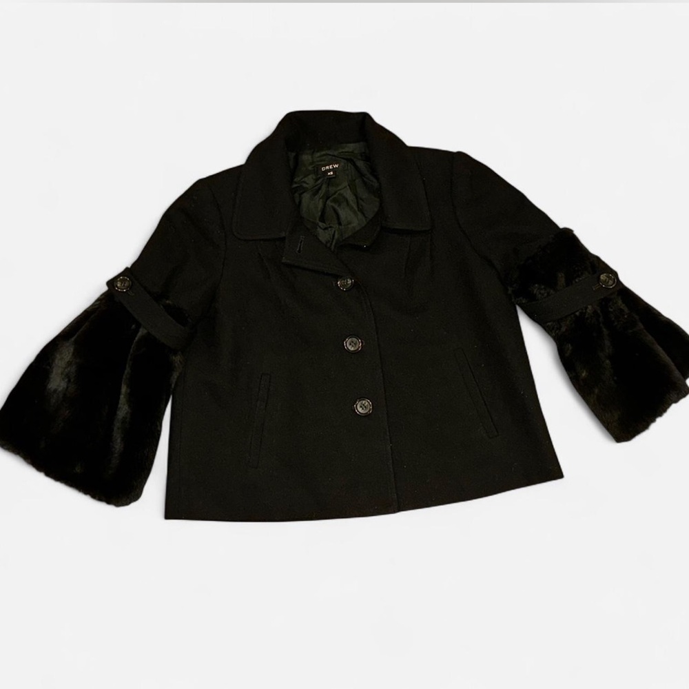 VINTAGE SHORT WOOL BLEND PEA COAT WITH FAUX FUR CUFFS